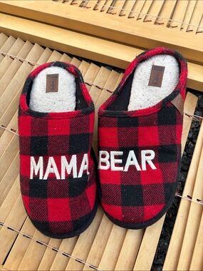 dearfoams Red and Black Buffalo Plaid "MAMA BEAR" Slippers